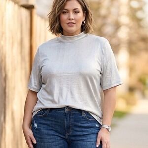 Venezia Velvet Silver Metallic Mock Neck Top Short Sleeve Plus Size22/24 Shimmer